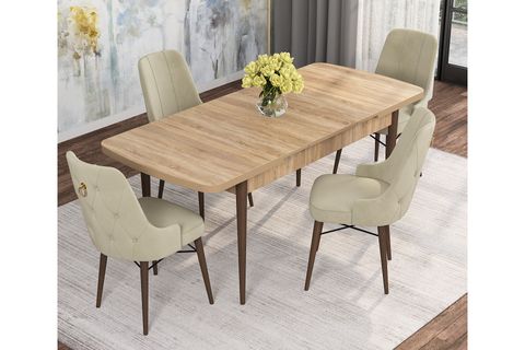ROVENA MONA AÇILABİLİR MUTFAK MASASI TAKIMI, MEŞE DESEN, KREM, 132X80
