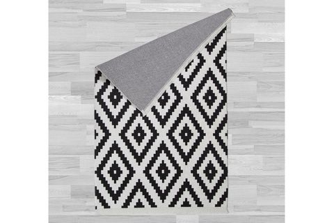 ELSE SİYAH BEYAZ İKAT OGEE DEKORATİF SAÇAKLI İNCE KİLİM HALI 160 X 230