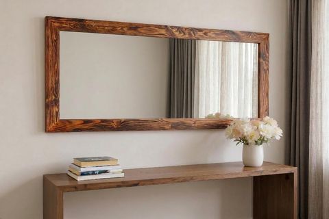 LİGNA DİKDÖRTGEN CEVİZ RENGİ AHŞAP DEKORATİF AYNA, 100X40