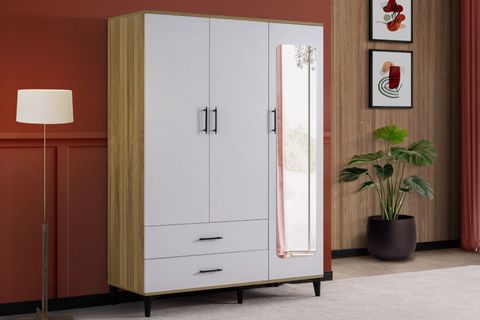 BLESK AYNALI ÇEKMECELİ GARDIROP, CEVİZ BEYAZ, 3 KAPAKLI