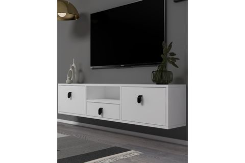 DROPDD TV SEHPASI, BEYAZ, SİYAH KULP DUVARA MONTAJ, 1309DROPDD 1