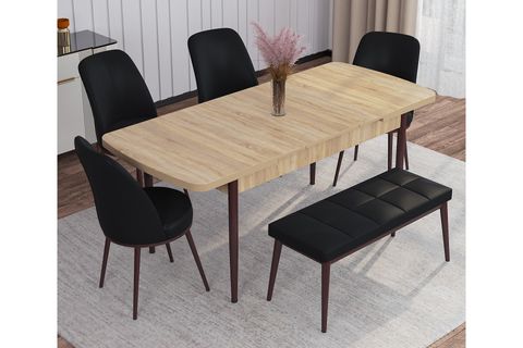 ROVENA LEONA AÇILABİLİR MUTFAK MASASI TAKIMI, MEŞE DESEN, SİYAH, 132X83