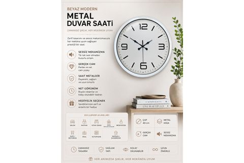 BEYAZ METAL MODERN DUVAR SAATİ 40 CM