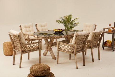 PİRUS RATTAN BAHÇE MASA TAKIMI, 6 KİŞİLİK, BEJ