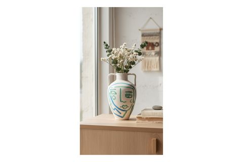 BEYAZ MAVİ TURKUAZ SOYUT YÜZ TERRACOTTA VAZO BOHO