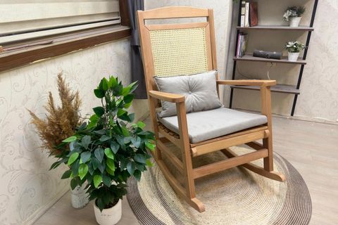 ASEDİA VERANDA HASIRLI MİNDERLİ SALLANAN SANDALYE, KREM, NATUREL AYAK