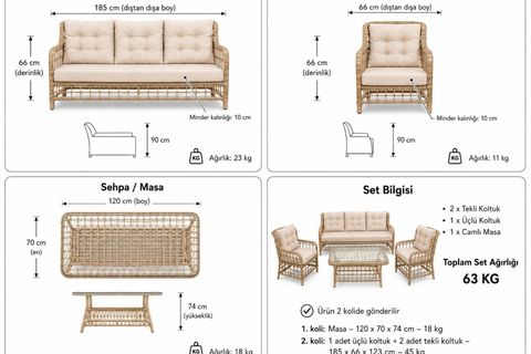 HİLVAN 5 KİŞİLİK MİNDERLİ RATTAN BAHÇE BALKON OTURMA GRUBU, KAHVERENGİ