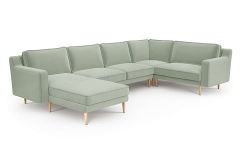 KLEM SLİM KADİFE 339 X 203 KÖŞE KOLTUK, ÇAĞLA YEŞİLİ, MEŞE AHŞAP AYAK