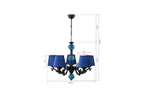 BEŞ KOLLU SİYAH ZAMAK AVİZE, MAVİ ŞAPKALI