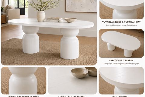 BOĞUM OVAL MUTFAK MASASI, BEYAZ, 160 CM