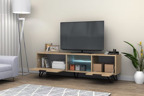KASTER LED AYDINLATMALI METAL AYAKLI TV ÜNİTESİ, MEŞE, 170 CM