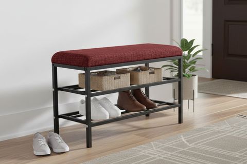 LUXE KETEN KUMAŞLI PUF AYAKKABILIK BENCH, BORDO