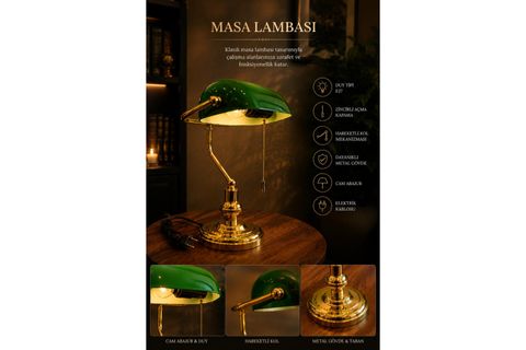 YENİ BANKER GOLD YEŞİL CAMLI MASA LAMBASI