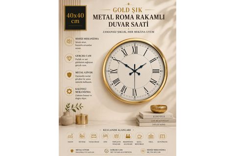 GOLD ŞIK METAL ROMA RAKAMLI DUVAR SAATİ 40 CM