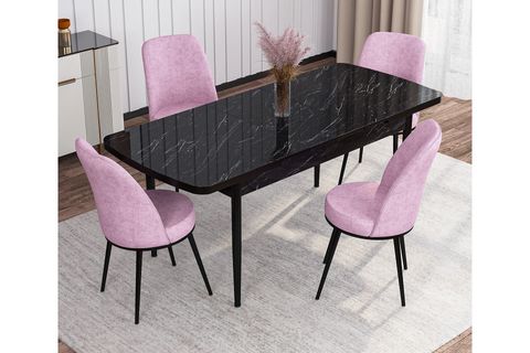 ROVENA LEONA AÇILABİLİR MUTFAK MASASI TAKIMI 1400, SİYAH MERMER DESEN, PEMBE, 132X82