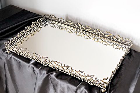 LUX & MARBLE NOBİLİS ESKİTME GÜMÜŞ RENKLİ İÇİ AYNA MERCAN DALLI EL YAPIMI TEPSİ