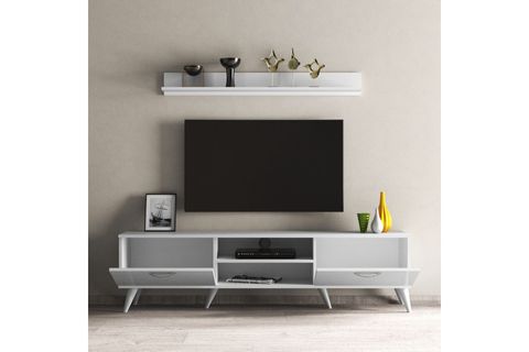 MEGA TV ÜNİTESİ TVU0101, L RAFLI, BEYAZ, 180 CM