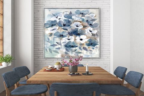 TABLOLIFE MAVİ BEYAZ ÇİÇEKLER YAĞLI BOYA DOKULU TABLO, ÇERÇEVESİZ, 100X150