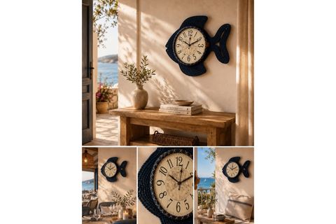 DENİZ TEMALI BALIK DUVAR SAATİ, LACİVERT, 50 CM