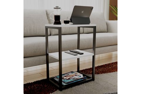 LİNA METAL AYAKLI AHŞAP RAFLI YAN SEHPA, BEYAZ