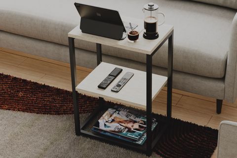 LİNA METAL AYAKLI AHŞAP RAFLI YAN SEHPA, TAŞ GRİ