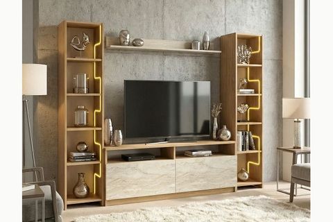 LABİRENT LEDLİ DUVAR TV ÜNİTESİ, TRAVERTEN KAPAK MEŞE