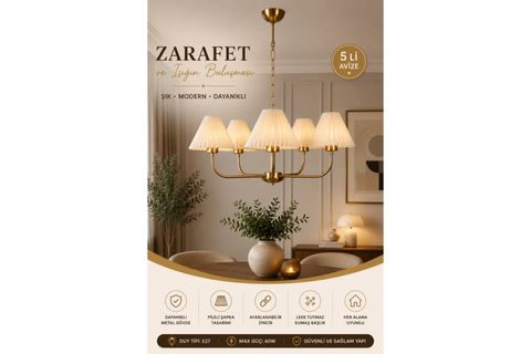 APOLLO BEŞLİ ESKİTME PİLELİ KREM ABAJURLU AVİZE