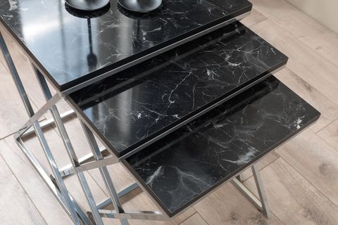 VENEDİK KROM METAL AYAKLI MERMER DESENLİ ZİGON SEHPA SİYAH