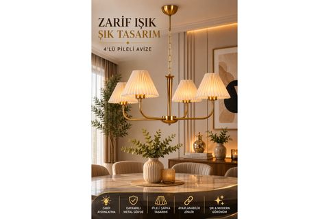 APOLLO DÖRTLÜ ESKİTME PİLELİ KREM ABAJURLU AVİZE