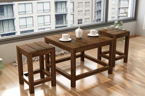 GİVAYO WOOD'S ARES ÇAM BAHÇE BALKON MUTFAK MASASI, ÜÇLÜ SET, CEVİZ