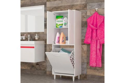 NİSA KİRLİ ÇAMAŞIR SEPETLİ BANYO DOLABI 2 KAPAKLI, BEYAZ