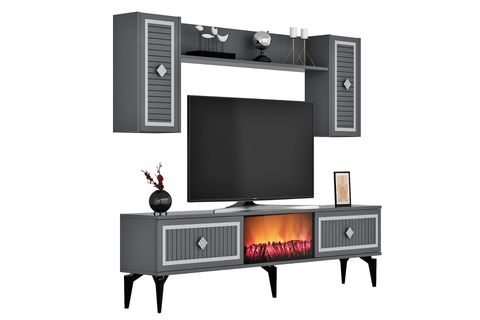 FLAME ŞÖMİNELİ TV ÜNİTESİ TAKIMI, ANTRASİT GÜMÜŞ