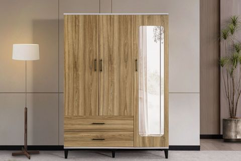 BLESK AYNALI ÇEKMECELİ GARDIROP, BEYAZ CEVİZ, 3 KAPAKLI