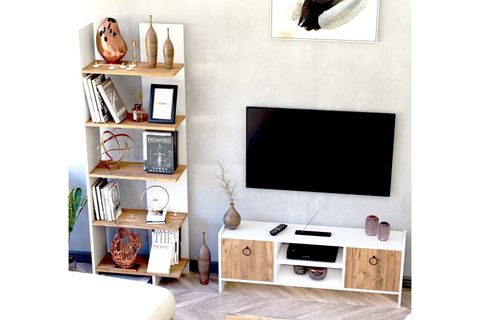 MONİ TV ÜNİTESİ VE KİTAPLIK SETİ, ÇAM KAPAKLI