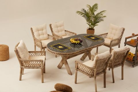 PİRUS RATTAN BAHÇE MASA TAKIMI, 6 KİŞİLİK, BEJ