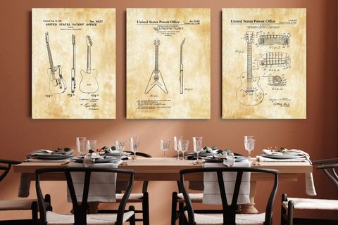AHŞAP ÇERÇEVELİ VİNTAGE TABLO SETİ, GİTAR, 50X70