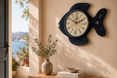 DENİZ TEMALI BALIK DUVAR SAATİ, LACİVERT, 50 CM