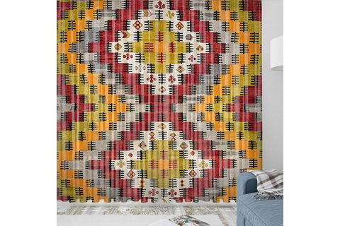 ELSE SARI KIRMIZI ETNİK KUTULAR DESENLİ DEKORATİF MODERN 3D TÜL FON PERDE 140X270