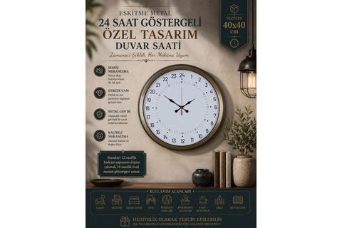 ESKİTME METAL 24 SAAT GÖSTERGELİ ÖZEL TASARIM DUVAR SAATİ 40 CM