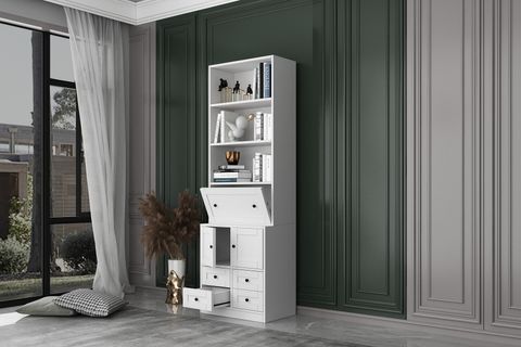 BKCONCEPT DÜŞER KAPAKLI ÇEKMECELİ RAFLI KİTAPLIK, 65 CM, BEYAZ, KTP-1279