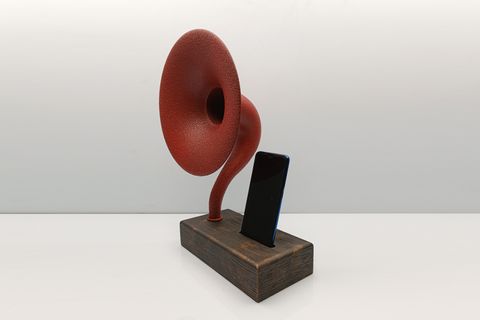 BAHAR AKUSTİK GRAMOFON ESKİTME GOLD AHŞAP GÖVDE,KIRMIZI METAL BAŞLIK