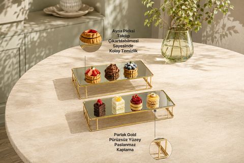 PRİZMA AYNALI TEPSİ 2Lİ SET 30X15CM, GOLD