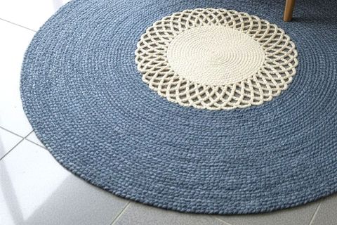 MANDALA YUVARLAK MODEL HALI, MAVİ BEYAZ, 120 CM