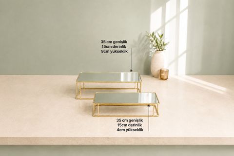 PRİZMA AYNALI TEPSİ 2Lİ SET 30X15CM, GOLD