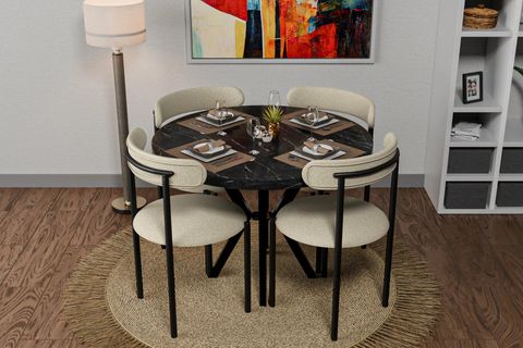 DİCLE YUVARLAK MDF MUTFAK MASA TAKIMI, SİYAH KREM