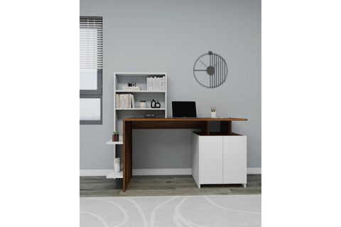 MELİS DOLAPLI RAFLI GENİŞ ÇALIŞMA BİLGİSAYAR MASASI, BEYAZ CEVİZ