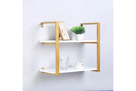 TASNİA GOLD METAL AHŞAP DUVAR RAFI 60 CM 2 KATLI
