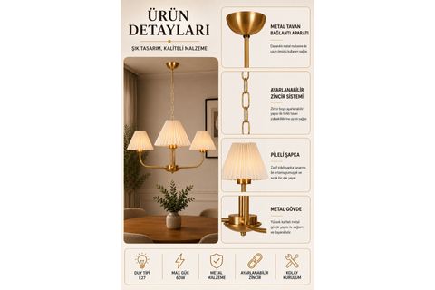 APOLLO ÜÇLÜ ESKİTME PİLELİ KREM ABAJURLU AVİZE