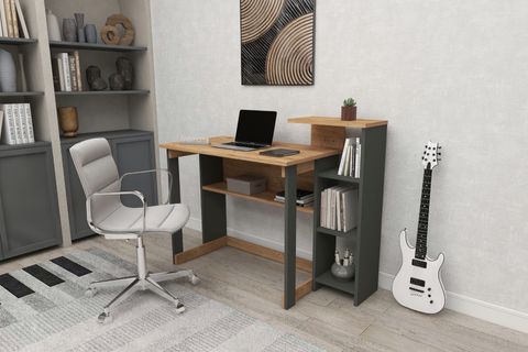 SAYE KİTAPLIKLI ÇALIŞMA MASASI, ANTRASİT ÇAM, 5 RAFLI