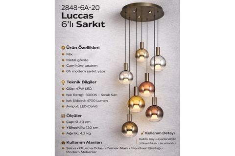 ÖZCAN AYDINLATMA LUCCAS ALTILI SARKIT, MİX PLATİN, 2848-6A-24